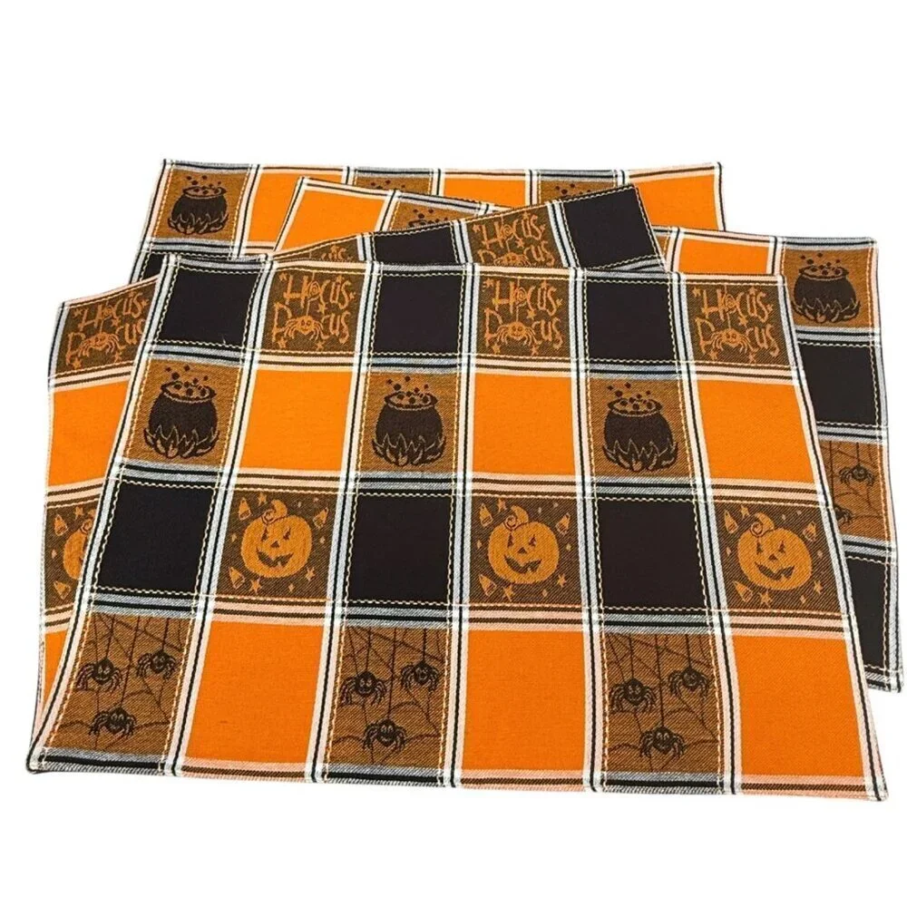 Halloween Placemats Set of Four Pumpkin Orange Black Check Cotton Tapestry